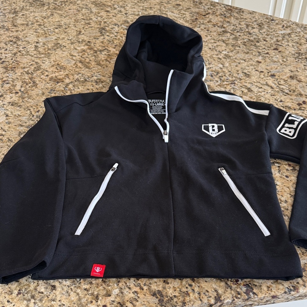 Baseball Lifestyle Black Zip-Up Hoodie with White Accents YXL NWOT